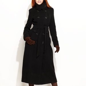 Calvin Klein Long Wool Double-Breasted Black Coat Military collar style